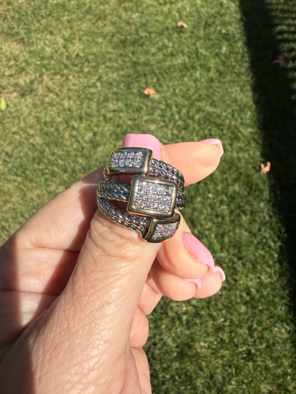 Silver ring triple layered twisted design and CZ stones with gold halo, Sz 8